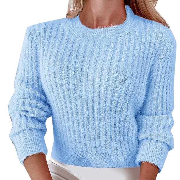 Suéter grueso suelto de punto Gibobby Manga larga Cuello Redondo informal para Mujer azul S