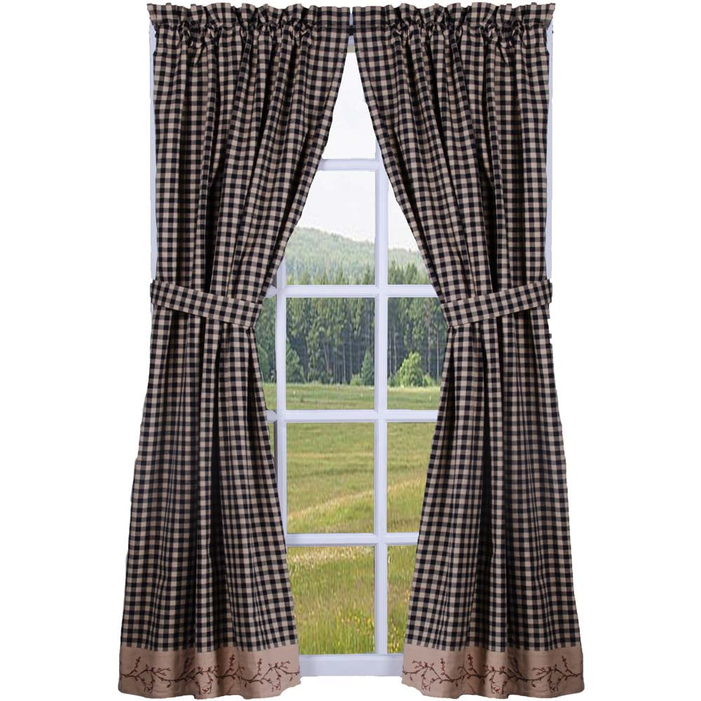 Berry Vine Check Black and Nutmeg 72" x 63" Lined Cotton Curtain Panels by Primitive Home Decors