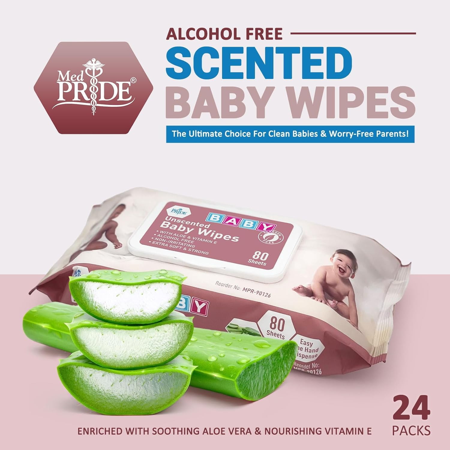 MED PRIDE Unscented Baby Wipes Alcohol Free Wet Wipes with Aloe Vera & Vitamin E, 12-Pack