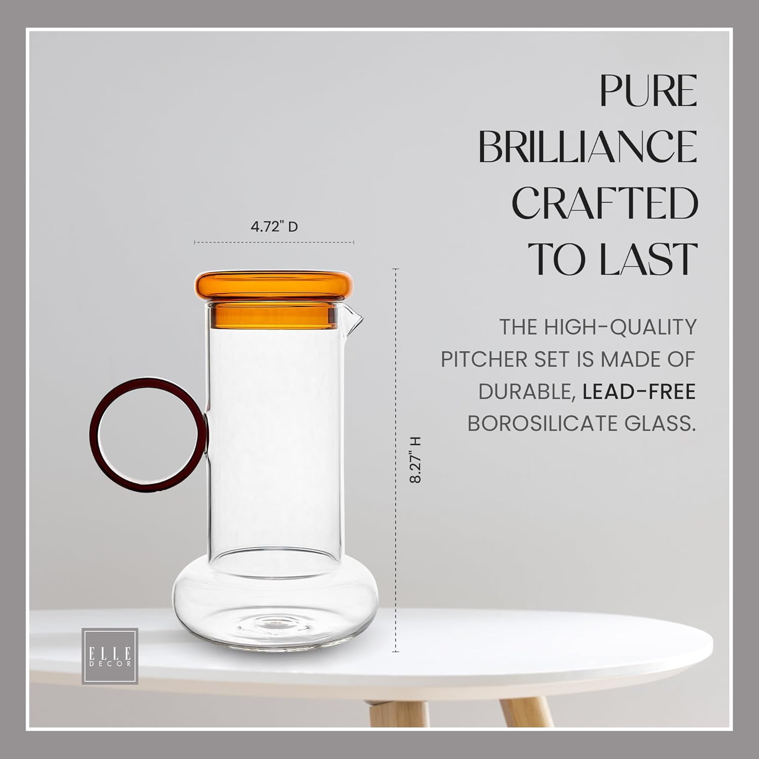 Elle decor Amber Ring Pitcher Set, Carafe and Water Glass Lid 2Pc Set Made of Borosilicate Glass, 29-Ounce, Clear