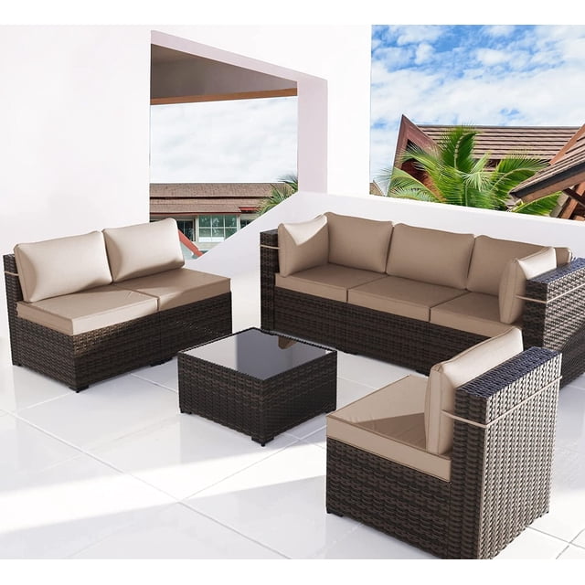 Kullavik Ensemble de Mobilier de Patio 7 Pcs en Rotin PE Tressé, Mobilier d'Extérieur, Canapé Sectionnel, Ensemble de Conversation pour Patio avec Table à Café et Coussin de Siège, Sable