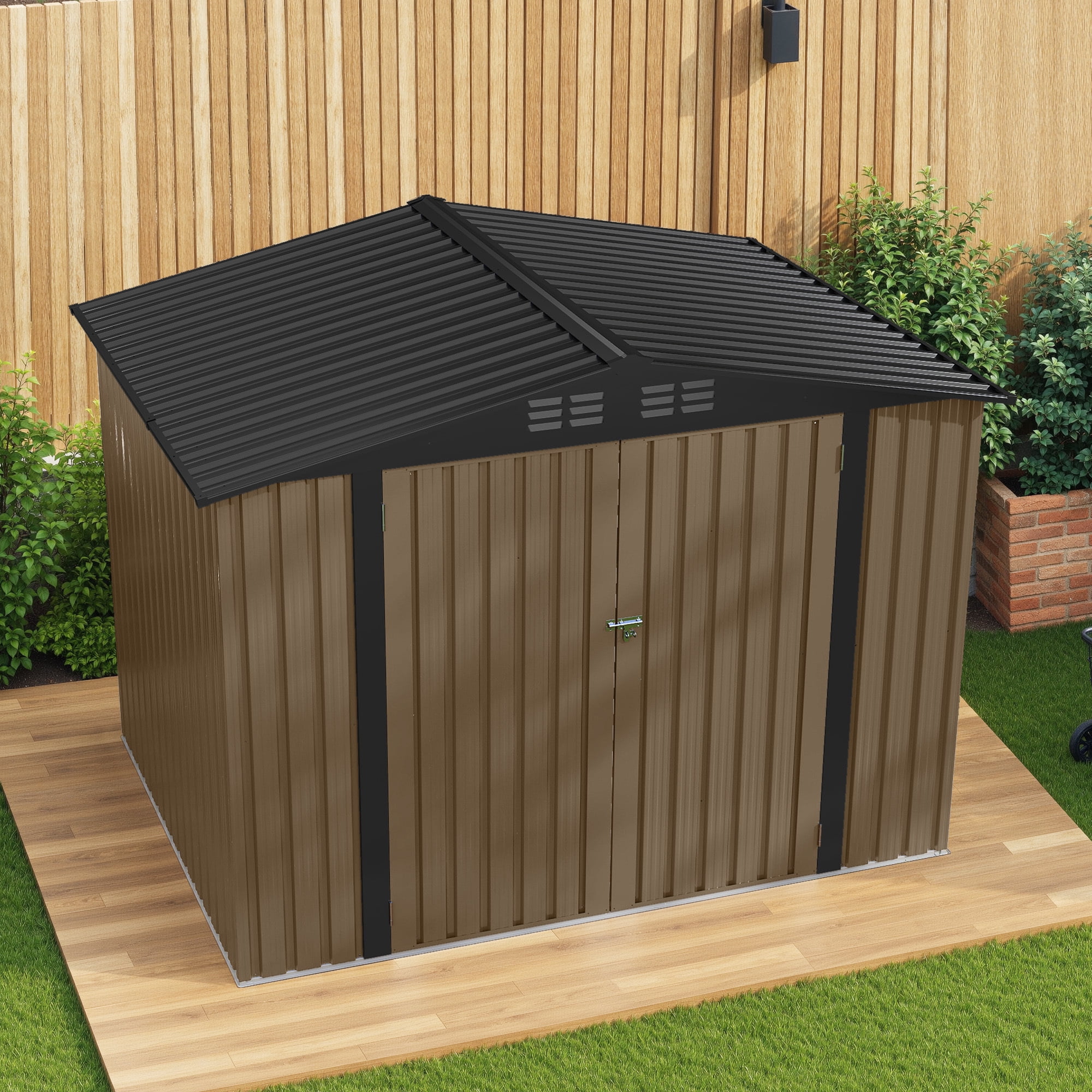 Uforic 7x5ft Metal Outdoor Storage Shed, Waterproof Heavy Duty Storage Unit with Lockable Door & Ventilation, Outdoor Tool Shed for Bike, Lawn Mower, Garden Tools, Backyard Patio Lawn Use, Brown