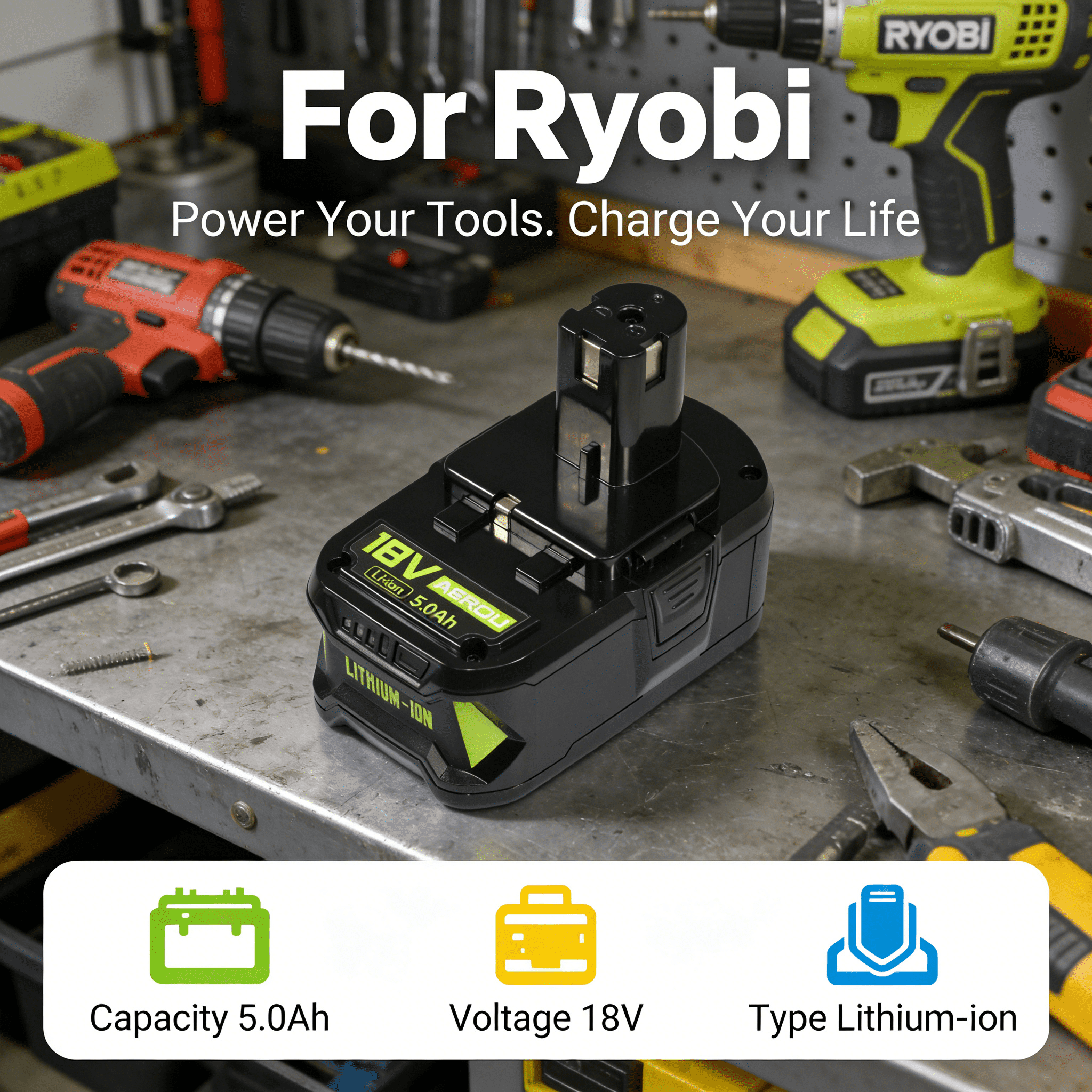 AERDU True 5.0Ah Battery 2-Pack and Charger for Ryobi 18V ONE+, High Capacity Lithium-Ion P108 P117 Kit