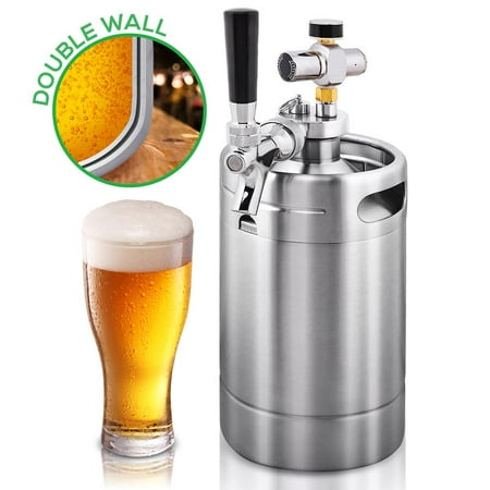 

YUFENGYUFENG Walled Mini Keg - 64oz Stainless Steel Pressurized Beer Growler Tap Portable Dispenser Kegerator Kit w/ Co2 Pressure Regulator for Craft Beer Draft Homebrew