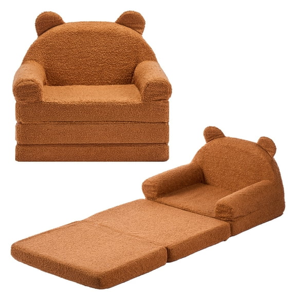 VEVOR 2-in-1 Kids Sofa, Foldable Bear Toddler Soft Couch with Armrests, Made of 28D Sponge & Teddy Fleece, Convertible Toddler Chair to Lounger, Kid Couch Fold Out for Reading or Gaming, M, Brown