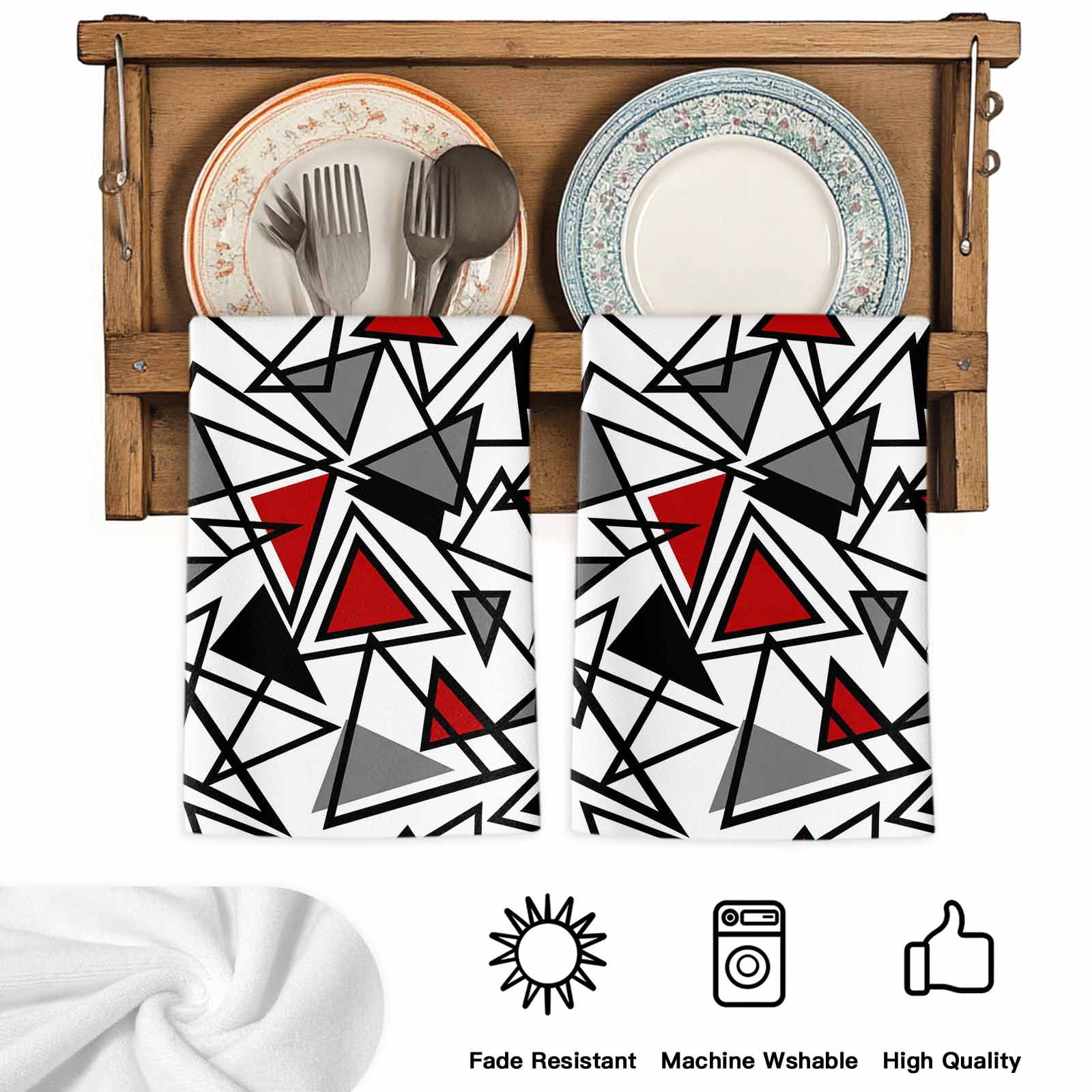Dish Towels, Red Grey Geometric Absorbent Kitchen Towels 2 PCS, Triangle Modern Art Microfiber Hand Towels Dish Cloths Tea Towels for Home&nbsp;Bathroom Cleaning Drying,18X28-Inch,