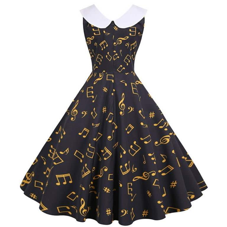 Women's Vintage Musical Note Print Patchwork V Neck Party Dress Women's Vintage Musical Note Print Patchwork V Neck Party Dress