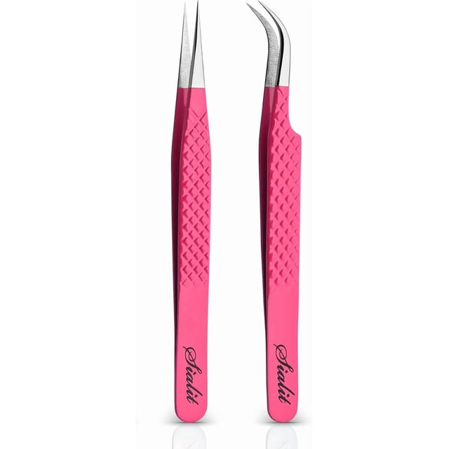 SIALIT Eyelash Tweezers - for Eyelash Extensions, Pro Level Straight and Curved Tweezers, Set of 2 Pcs, Pink Stainless Steel Tweezers to Boost Your Lash Creativity