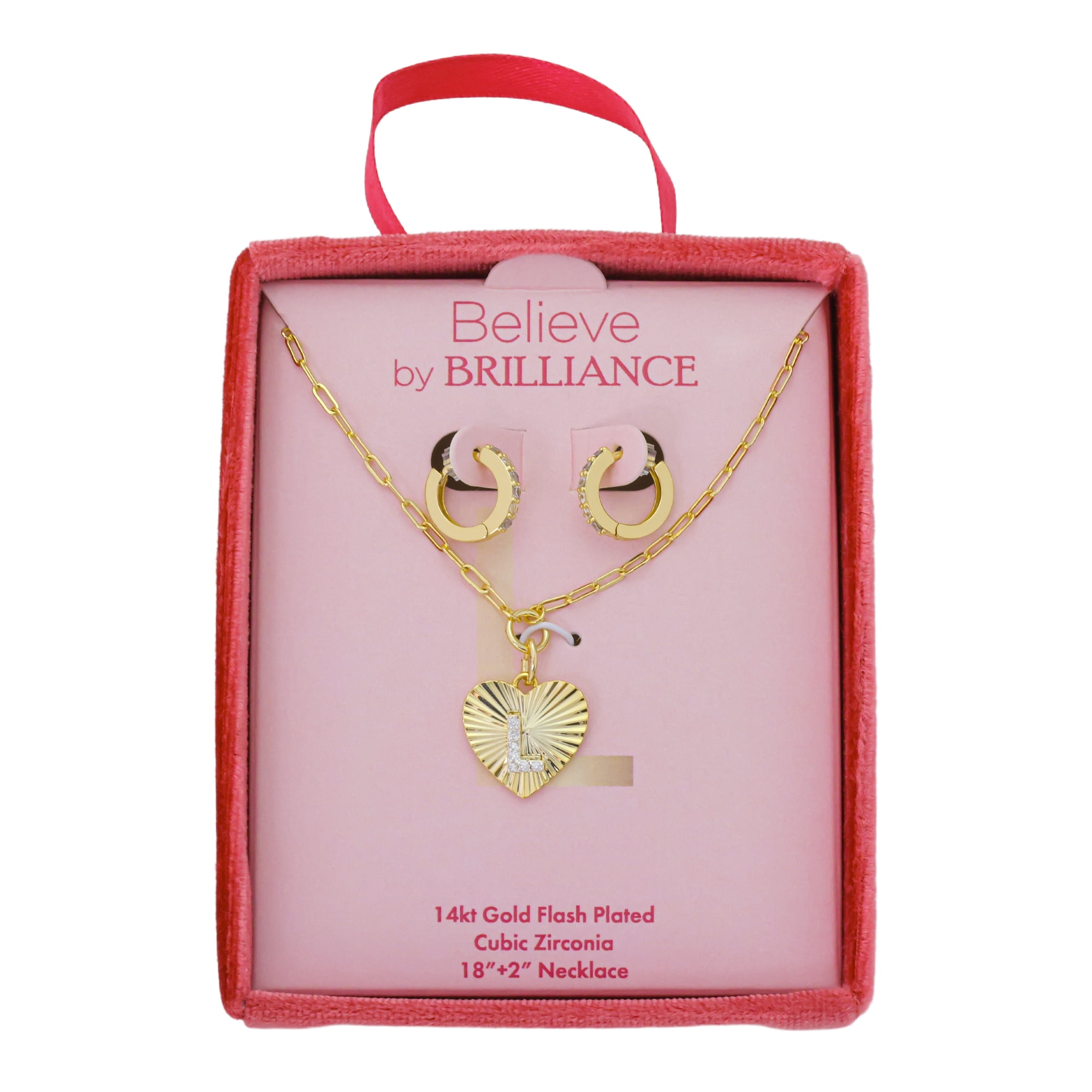 Believe by Brilliance Women's 14Kt Gold Flash Plated Cubic Zirconia Initial L Heart Pendant Necklace and Hoop Earring Set, 18+2"