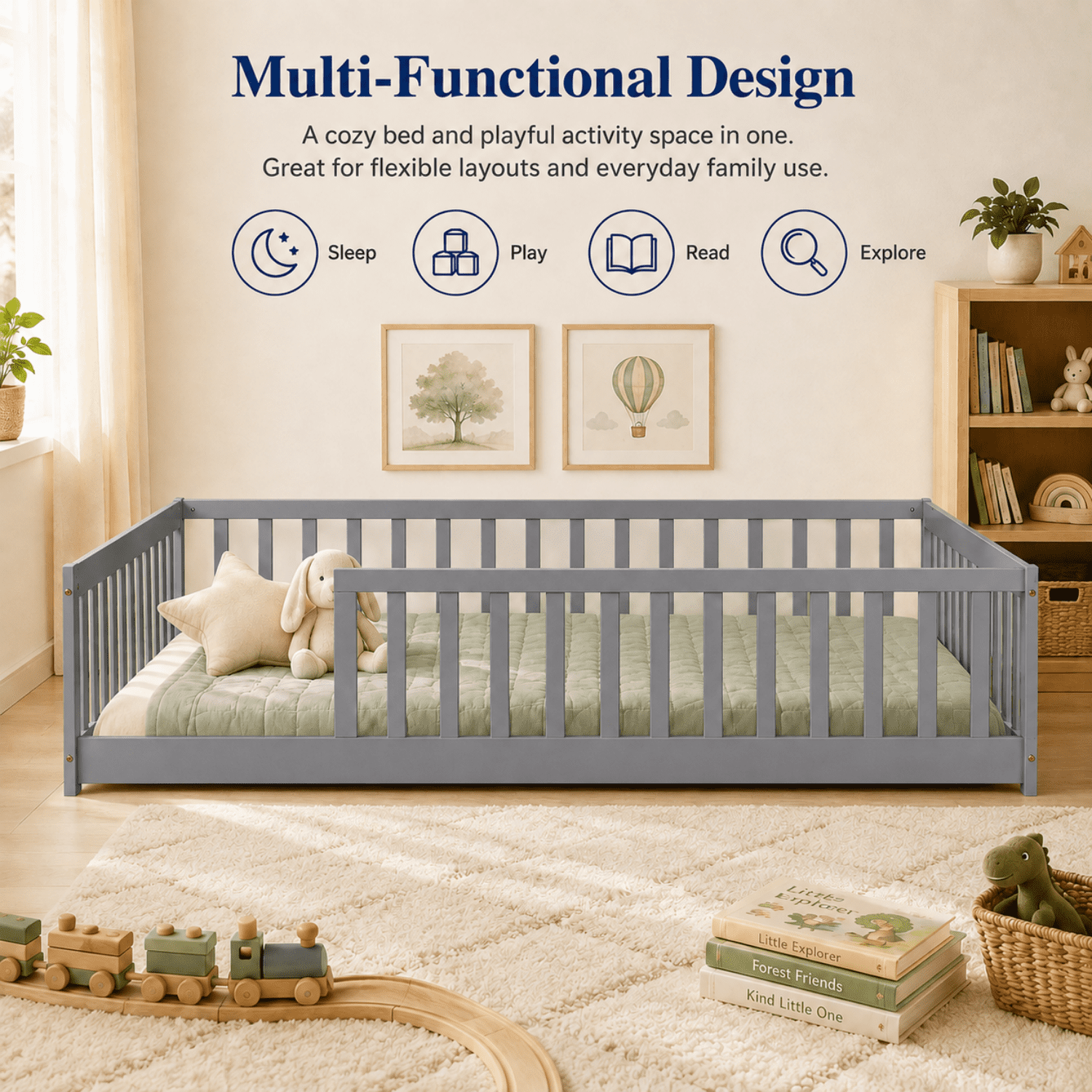 Miniyam Full Size Montessori Kids Floor Bed Frame, Wooden Bed with Fence Rails, Gray