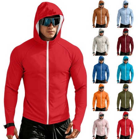 Men s UPF 50+ Sun Protection Outdoor Lightweight Full Zip Hoodie Jacket Long Sleeve Thumb Hole Fishing Hiking Performance Shirt Red M