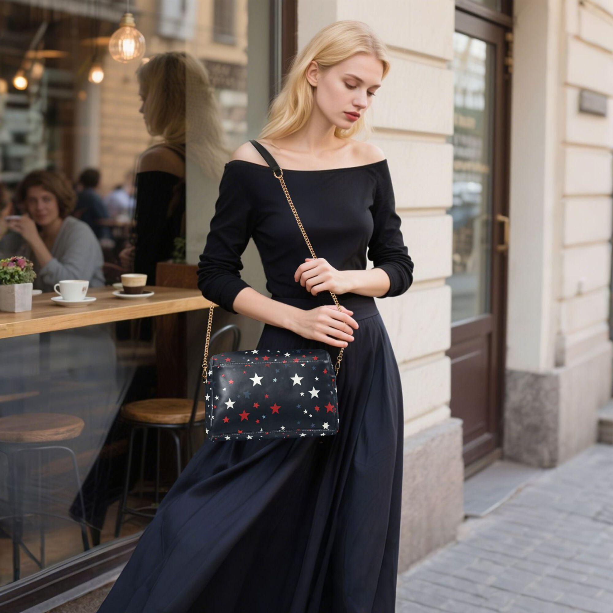 FORMRS Women Crossbody Purse with Chain Strap Vegan Leather Shoulder Handbag, Blue Stars Pattern