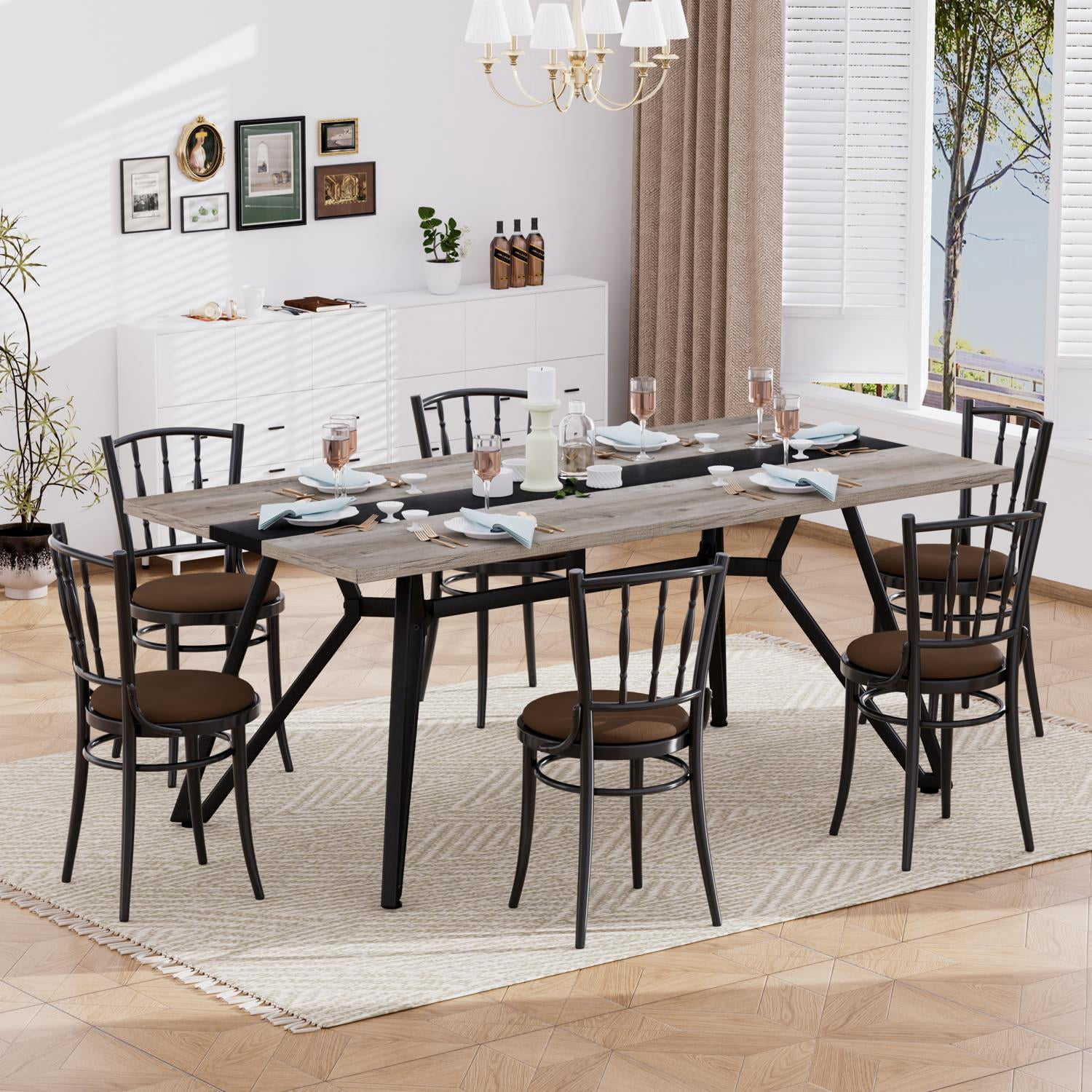 Dining Table for 6-8 People,71" Large Wooden Kitchen Table with Sturdy Metal Frame,Modern Rectangular Dinner Table for Dining Room, Kitchen,Grey