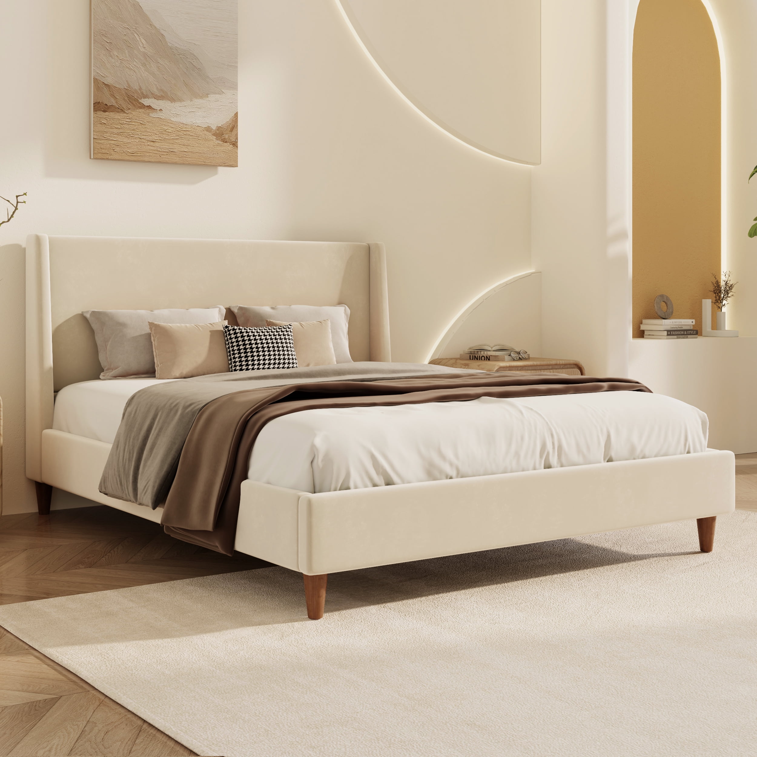 Euroco Upholstered King Size Platform Bed, Velvet Bed with Wingback Headboard, Beige