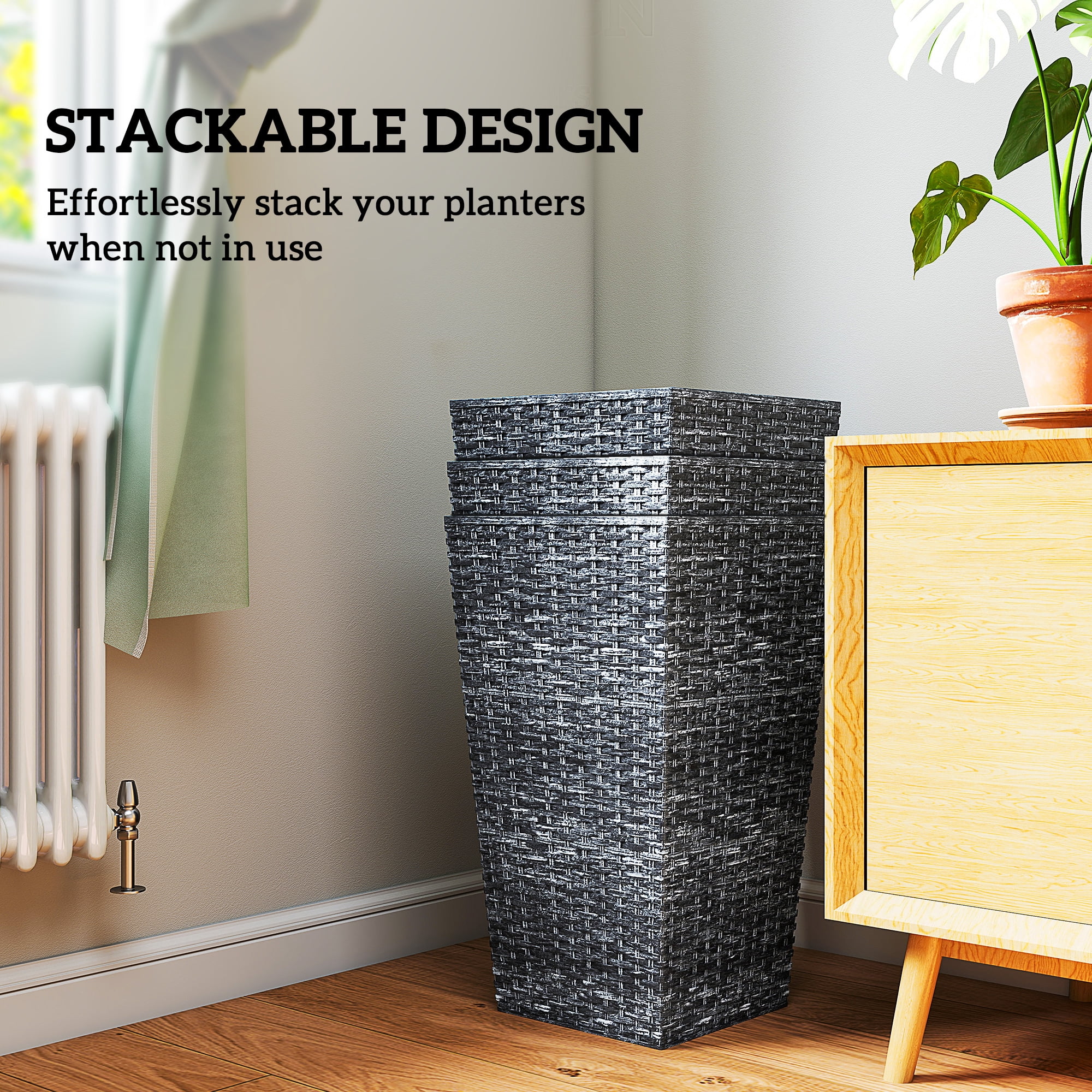 Tall Planters for Outdoor Plants, with Drainage Holes, Rattan Decor Plant Pots for Indoor Outdoor, Set of 3