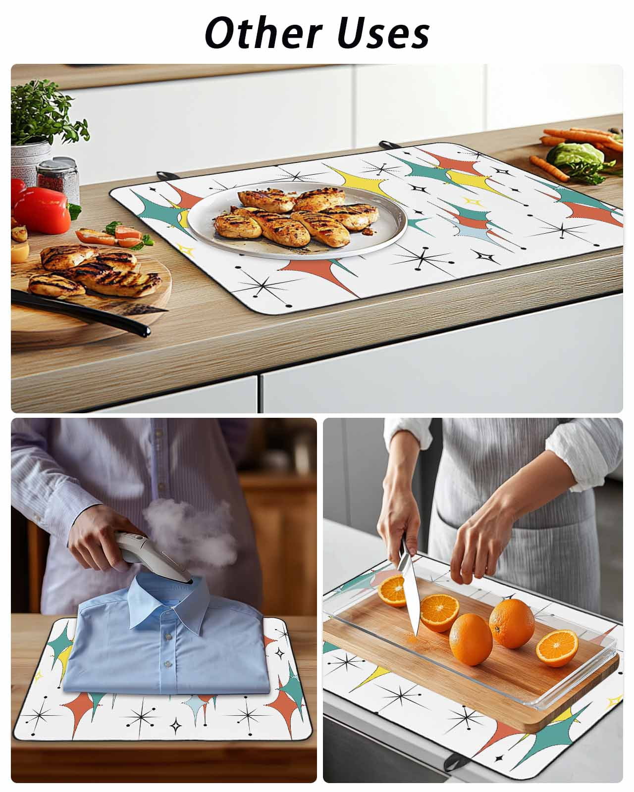 Stove Top Covers for Electric Stove, Middle Century Glass Stovetop Cover Protector, Boho Abstract Art Teal Orange Rhomboid Induction Cooktop Protector Oven Mat for Kitchen Countertop 24"x21"