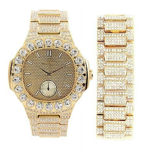 Charles Raymond Blinged Out Oblong Case Metal Mens Hip Hop Wristwatch w/Matching Iced Out Bracelet Set - 8475BM (ST10316B Gold)