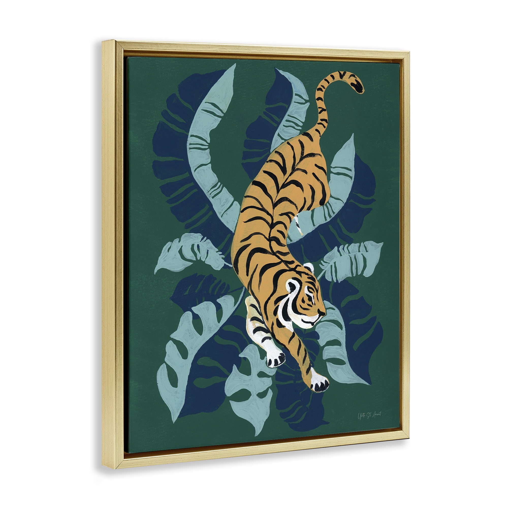 Stupell Industries Tiger Prowling over Palms Animals & Insects Painting Gold Floater Framed Canvas Art Print Wall Art, 17 x 21
