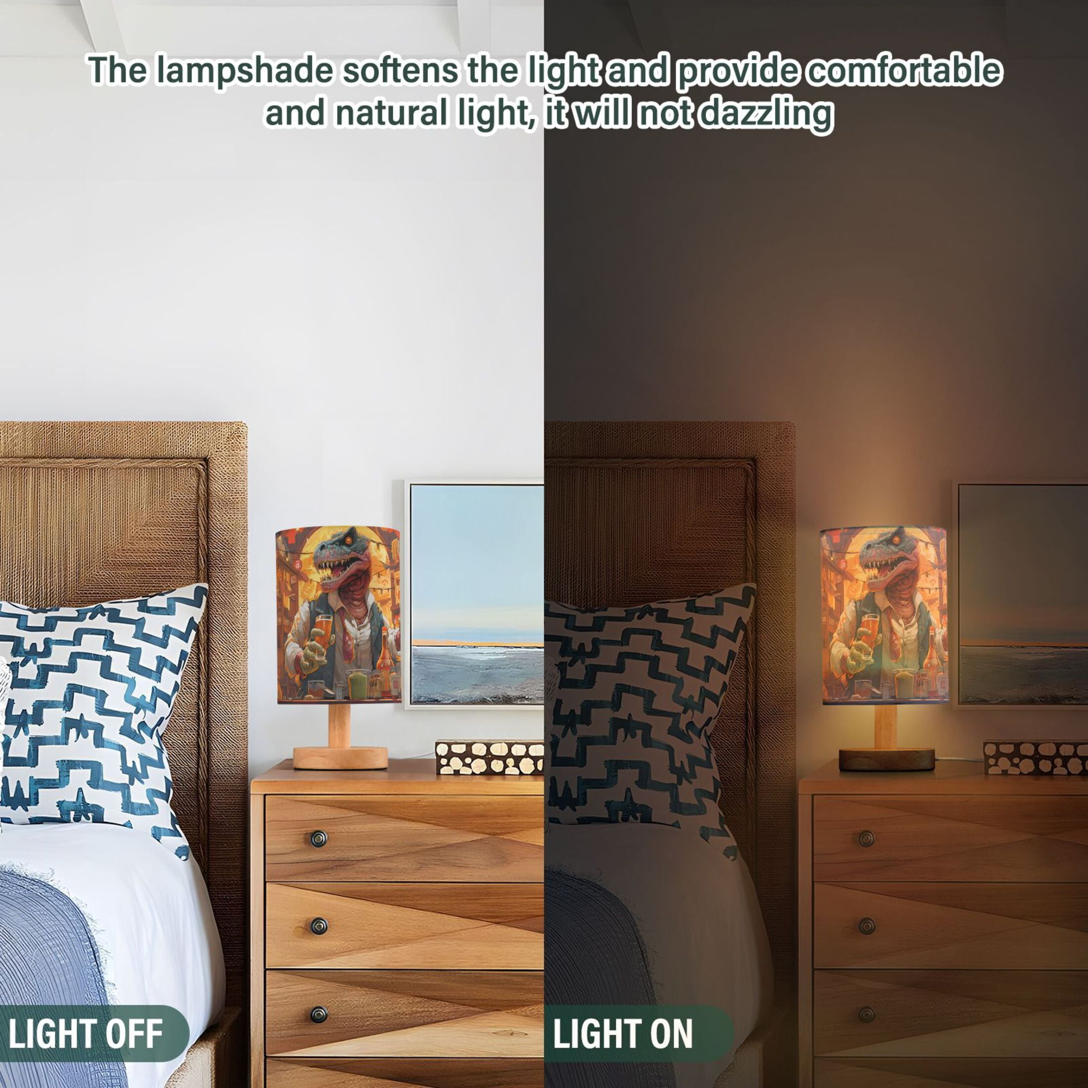 Dinosaurs Drink Desk Lamb Table Lamp USB Bedside Desk Nightstand Lamp Printed Gifts Small Lamp Wood Base for Bedroom Living Room Kids Room College Dorm