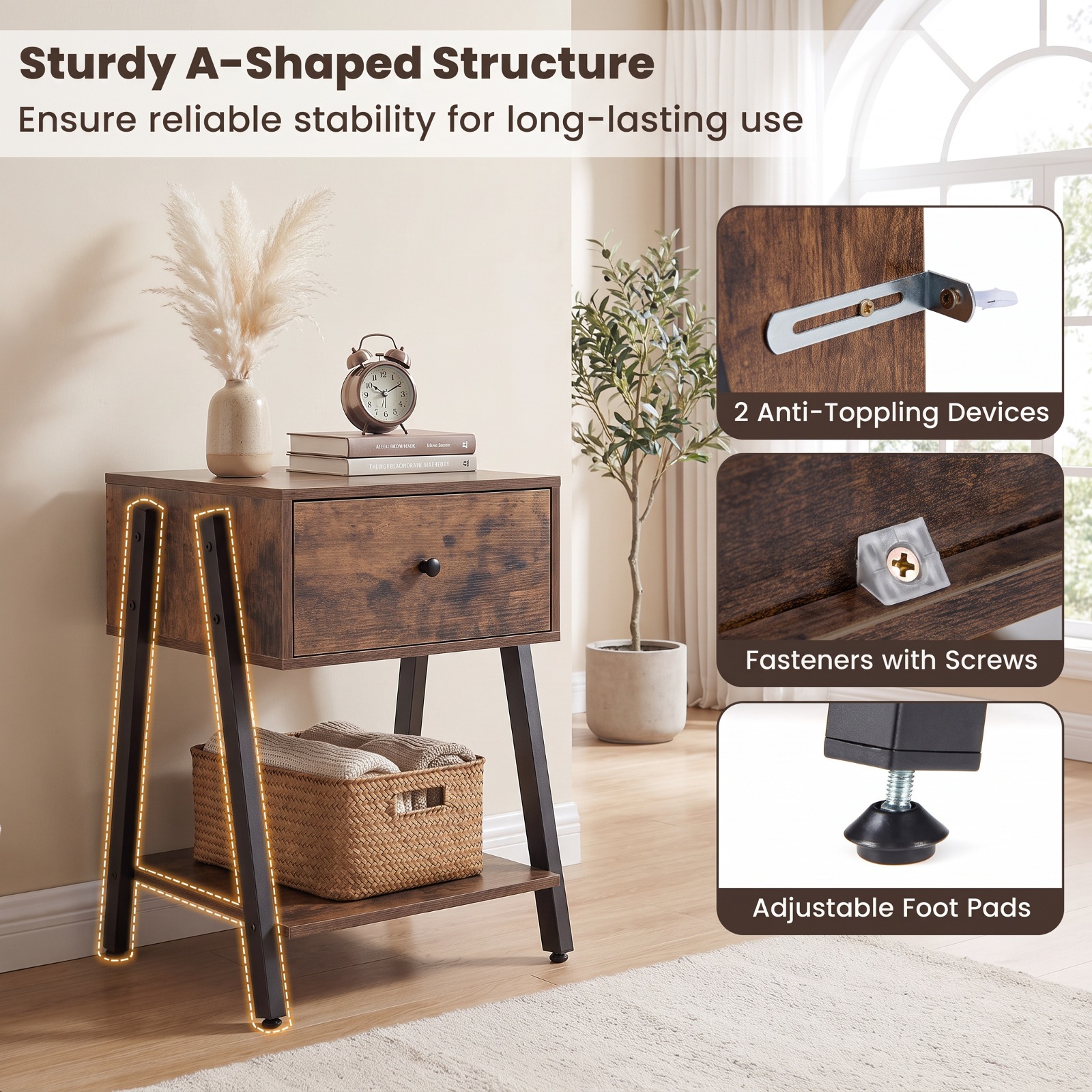 Furnibear Industrial Nightstand with Drawer and Adjustable Foot Pads for Bedroom for Bedroom Living Room Bedside Sofa Side Small Space, Rustic Brown