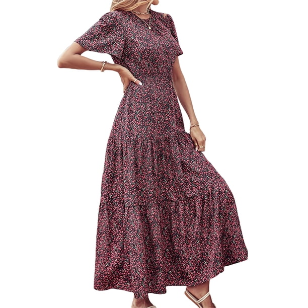 Txlixc Vestido largo para mujer, cuello redondo, manga corta, cintura elástica, estampado floral, estilo bohemio, vestidos casuales Txlixc Estilo de ocio
