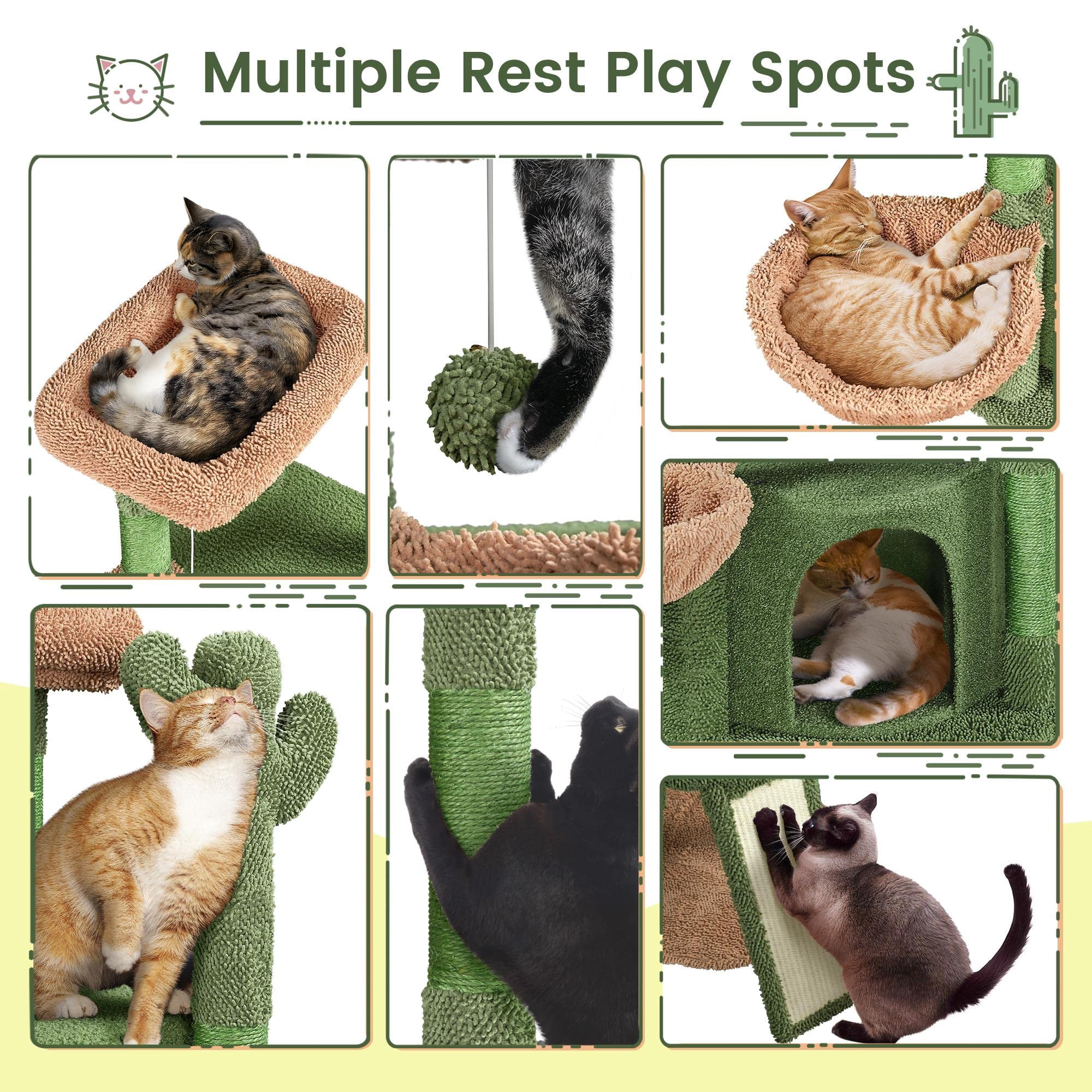 42 Inch Tall Cactus Cat Tree, Multi-Level Cat Tower with Scratching Posts, Indoor Pet Furniture Activity Center with Platform Condo Basket Hanging Ball, Green