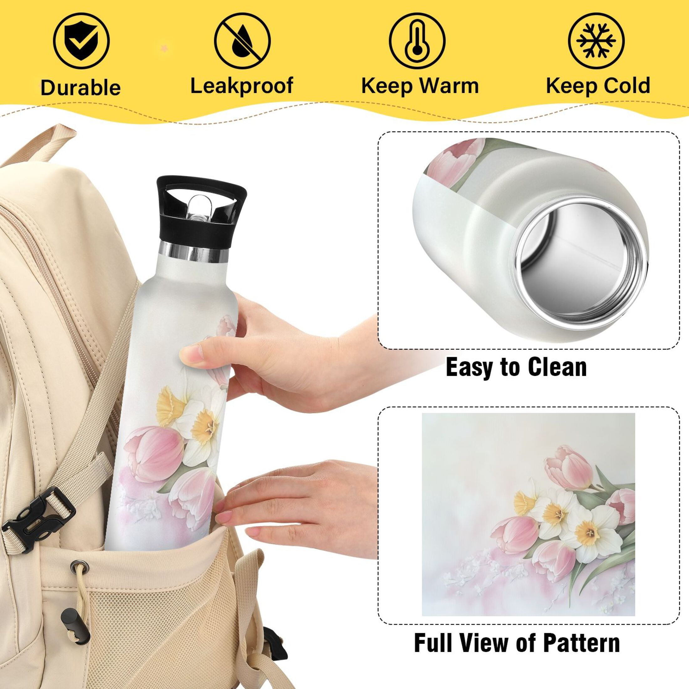 Kids Insulated Stainless Steel Sports Water Bottle 600ml (20oz) Tulips and Daffodils