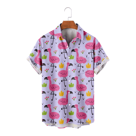 

MLFU Youth Adult Short Sleeve Button Up Shirts Regular Chest Pocket Shirts Summer Flamingo Costume Up to 8XL