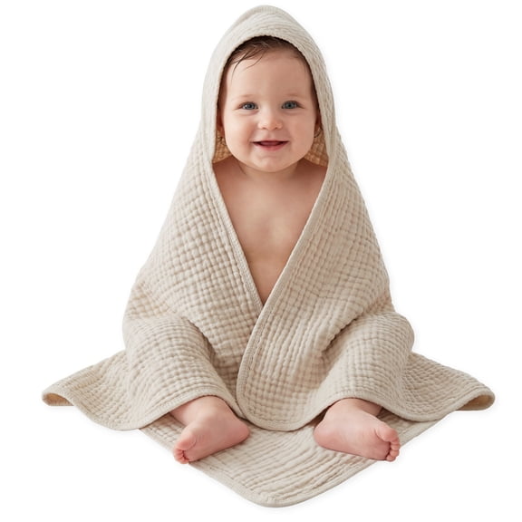 Yoofoss Hooded Baby Towels for Newborn 1 Pack 100% Muslin Organic Cotton Baby Bath Towel with Hood for Babies, Infant, Toddler and Kids, 32x32Inch