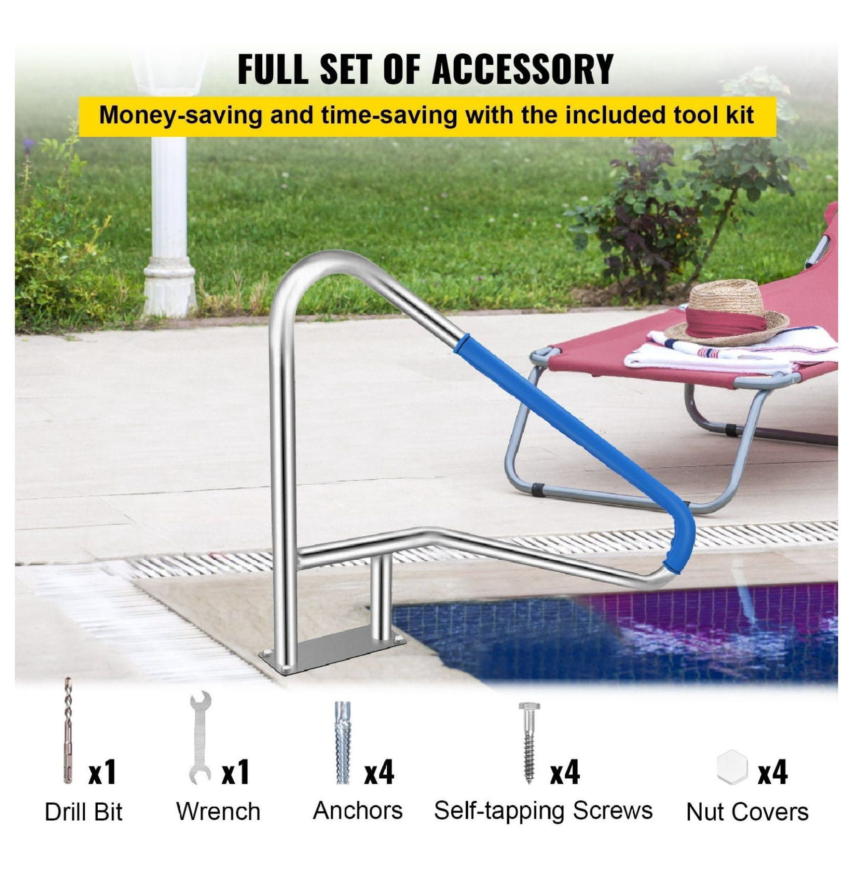 Pool Rail 55x32 Stainless Steel Handrail - 250LBS Capacity, Rustproof, with Blue Grip & Installation Kit