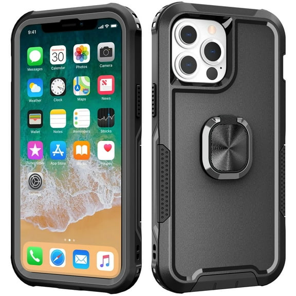 Military Grade TUFF Hybrid Case with Ring Grip for iPhone 12 / iPhone 12 Pro - Black
