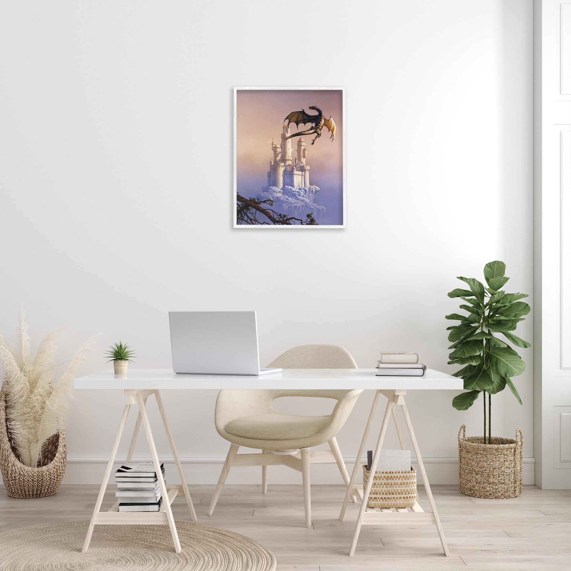 Stupell Industries Magical Dragon & Castle Fairy Tales & Fantasy Painting White Framed Art Print Wall Art, 24 x 30