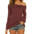 thumbnail image 2 of Top con hombros descubiertos para mujer, jersey de manga larga de Color puro, camisa holgada elástica para mujer, Top para fiesta diaria, trabajo, rojo vino M, 2 of 6