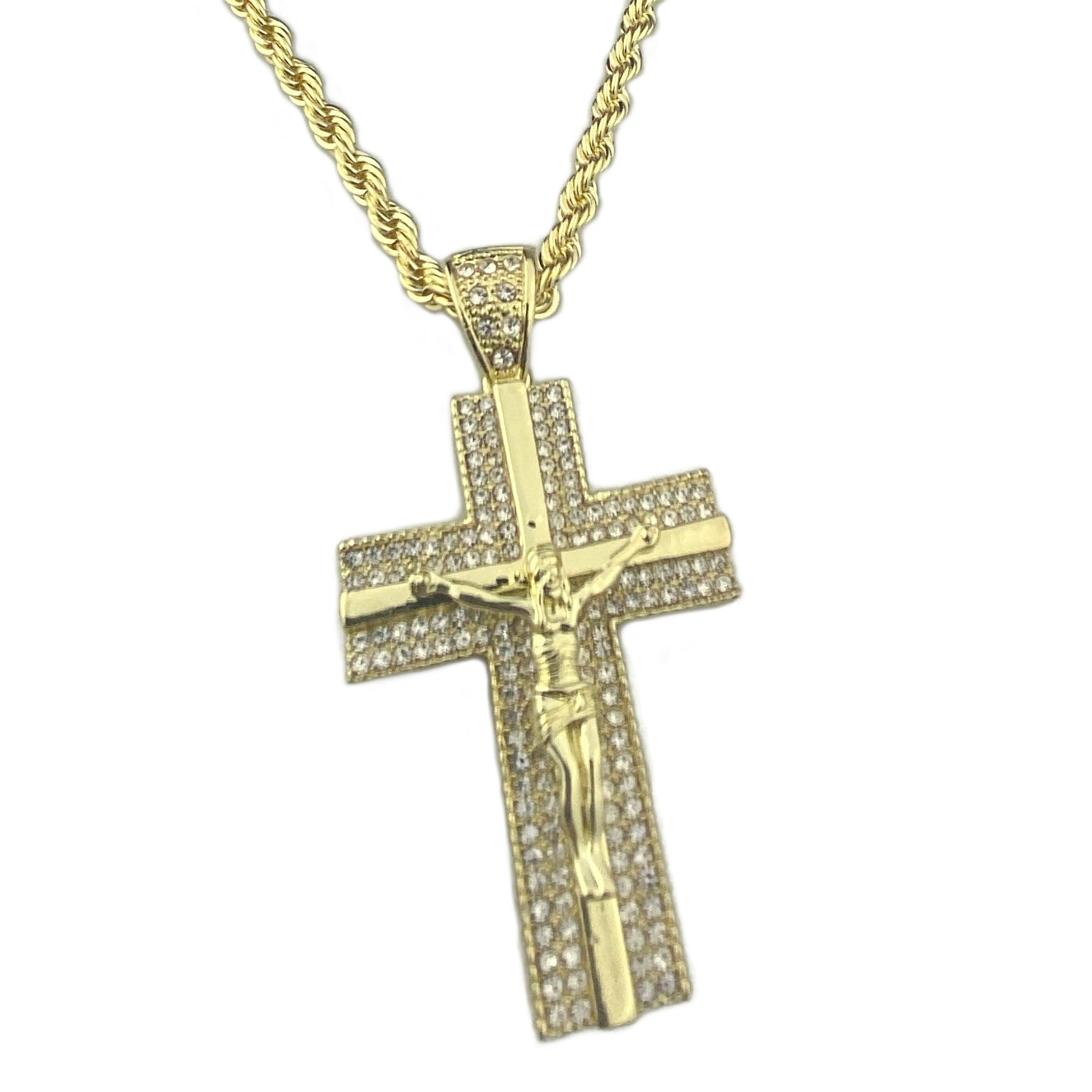 Men's Jesus Piece Iced Crucifix Cross Pendant Necklace Gold Finish Hip