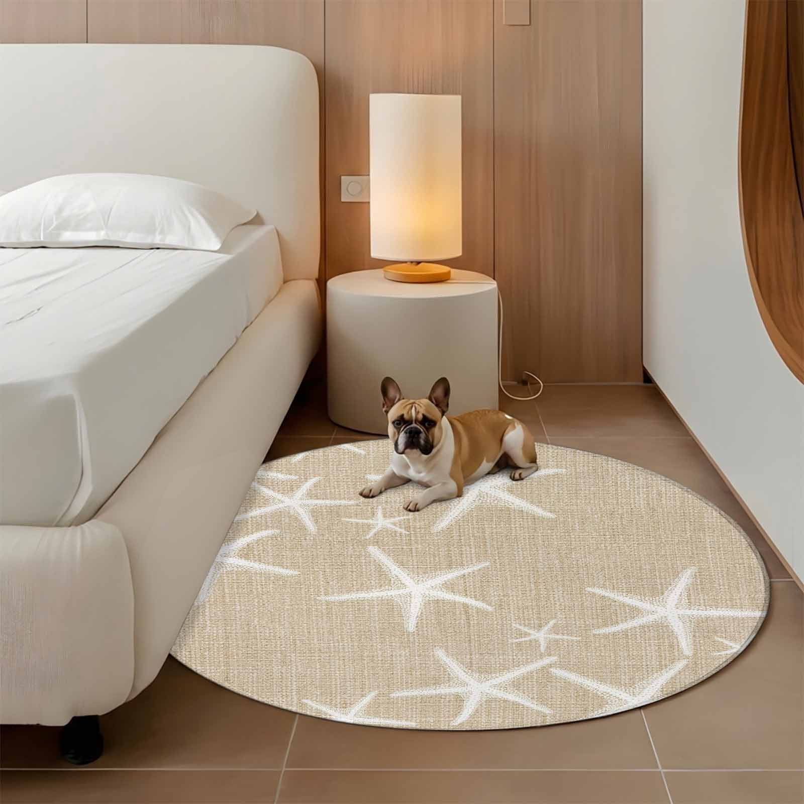 Coastal Starfish Round Area Rug 3.3Ft Washable Circle Rugs for Dining Room Table, Summer Ocean Waves Ombre Sea Beige Non-Slip Carpet Floor Mats Indoor Outdoor Carpet Runner Aesthetic Home Decor