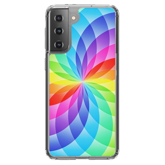 DistinctInk Clear Shockproof Hybrid Case for Galaxy S21 5G (6.2" Screen) - TPU Bumper, Acrylic Back, Tempered Glass Screen Protector - Rainbow Star Geometric