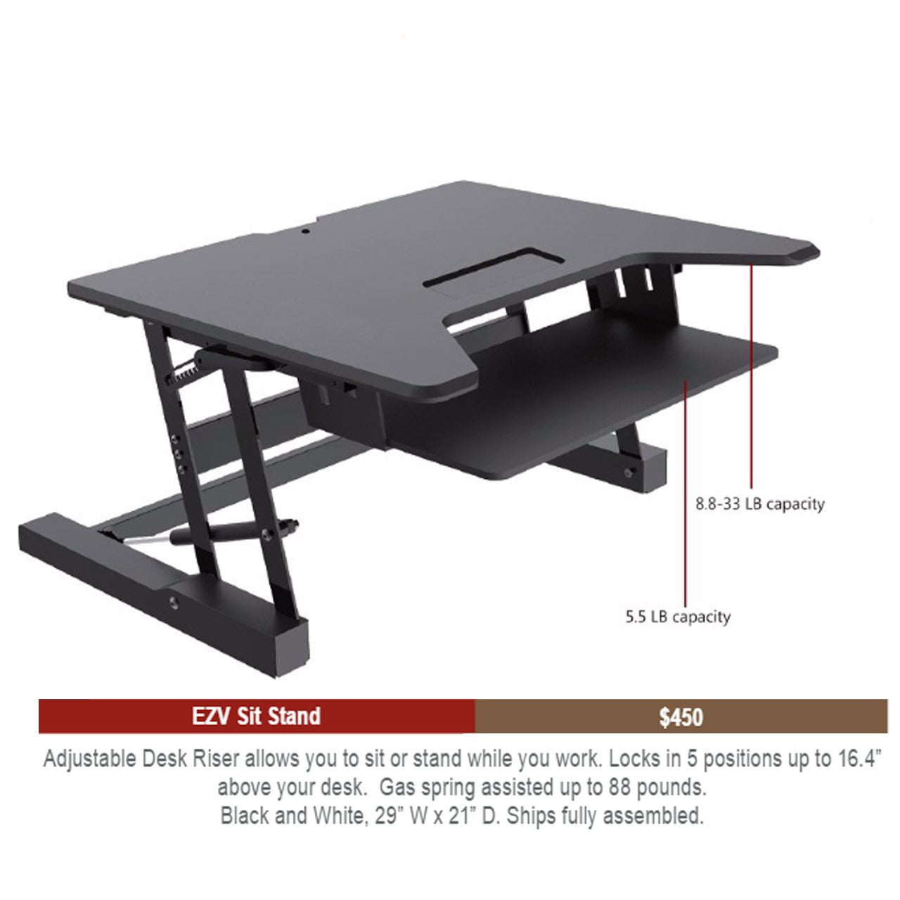 Premium Tabletop Adjustable Height 36 Inch Wide Sit Stand Riser Desk With Dedicated Keyboard Tray In Black 88 Pound Weight Capacity