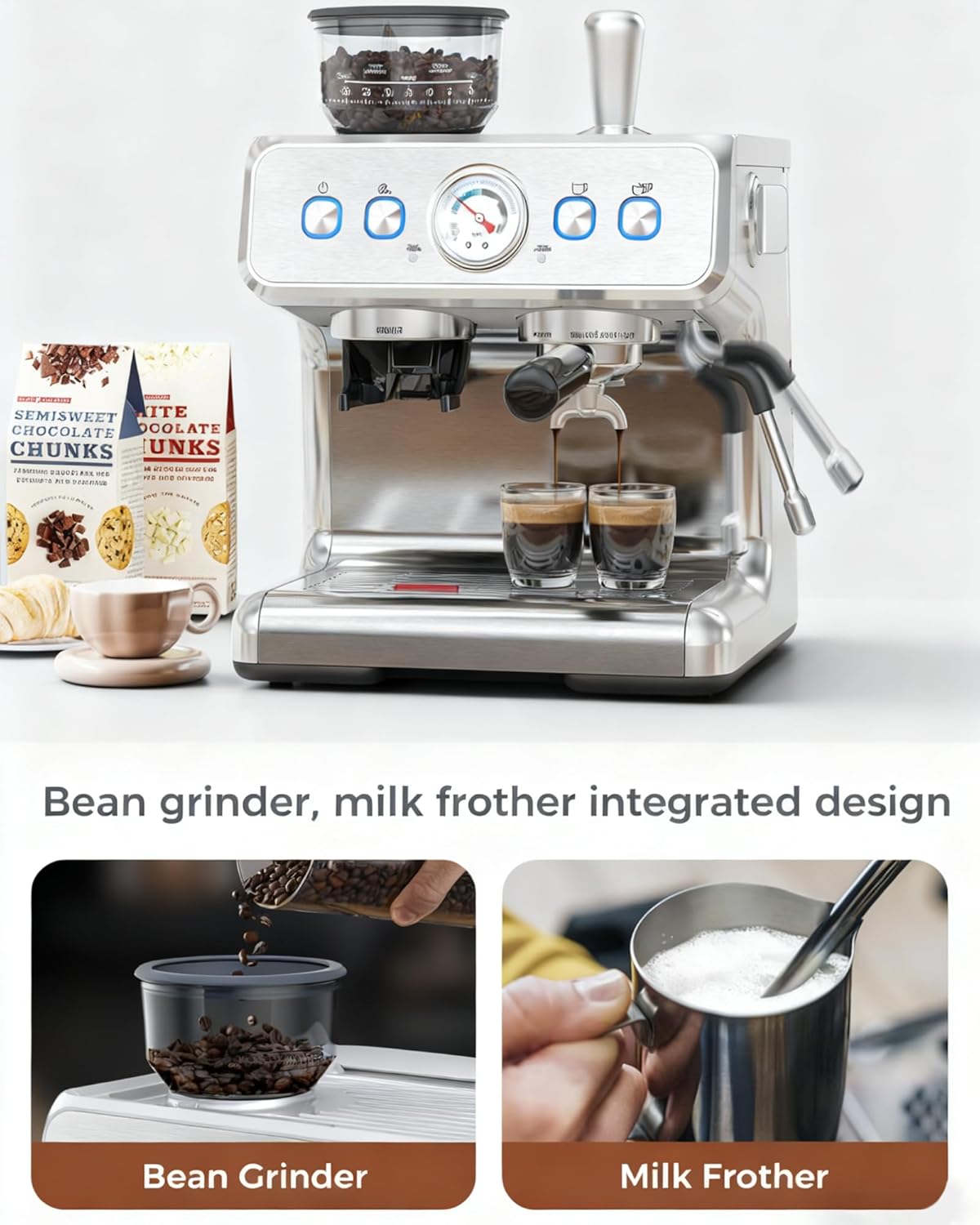 WAA 20 Bar Espresso Machine Semi-Auto with Grinder/Milk Frother,1450W Home Maker,95 Oz Tank (Stainless Steel)