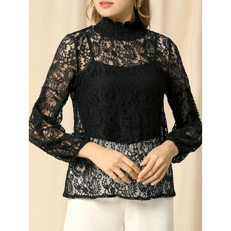 Women T-shirt, Long Sleeve Turtleneck See-through Lace Tops