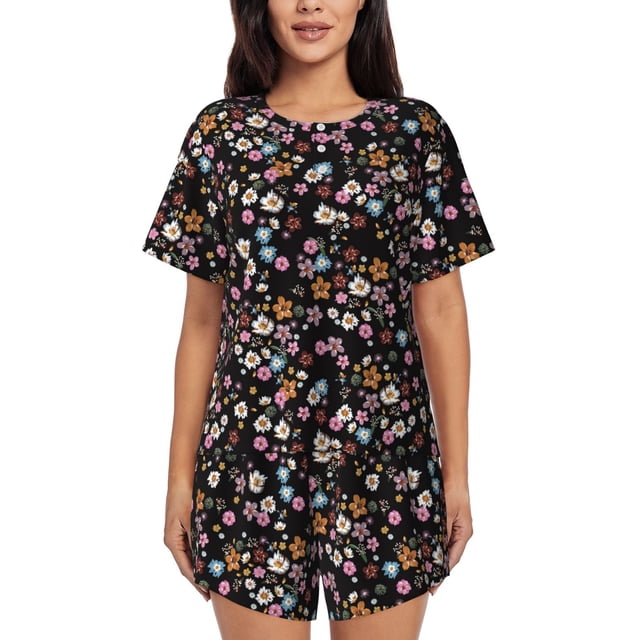 Balery Daisies Flowers Conjunto de Pijama para Mujer con Estampado, Dos Piezas de Manga Corta y Shorts, Ropa de Dormir Suave con Cuello Redondo y Bolsillos-Medium