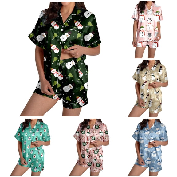 XIAOCHA Women Christmas Print Pajama Set Short Sleeve Collared Tops Shorts Nightwear