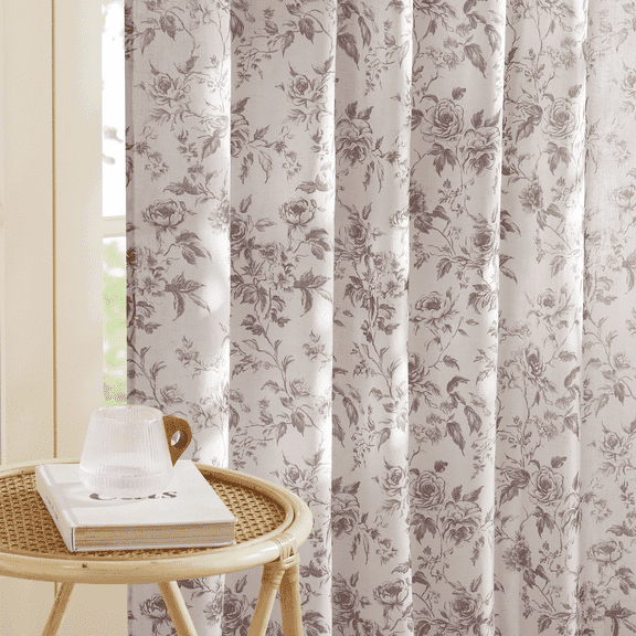 NICETOWN Floral curtains for Bedroom, Printed Linen Curtains Semi Sheer Light Filtering French Country Drapes, Grey, 52"x84", 2 Panels