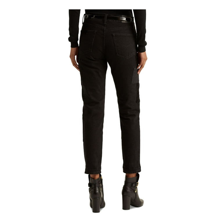 LAUREN RALPH LAUREN Womens Black Stretch Embellished Zippered Patchwork  Tapered Leg Pocketed Cropped Jeans 16 