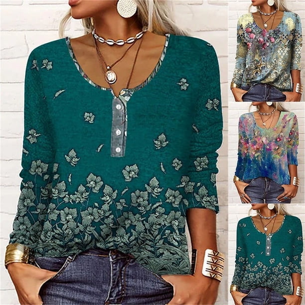 Camisa elegante retro con cuello en U, botones y manga larga con estampado geométrico de flores