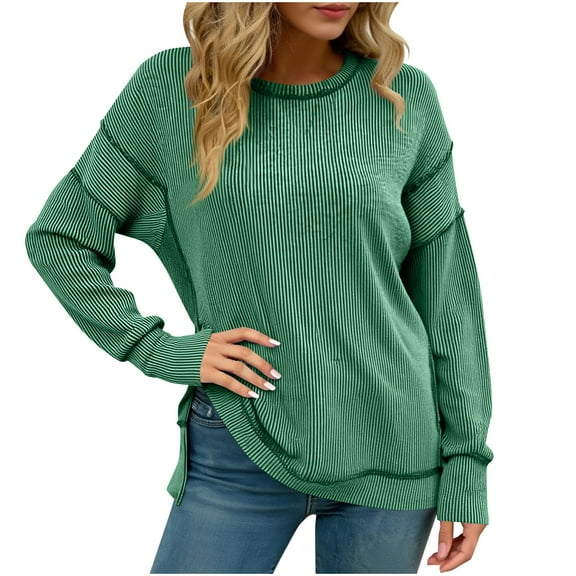 Womens Long Sleeve Tops Ribbed Loose Fit Oversized Sweatshirts with Side Slit High Low Hem Fall Outfits