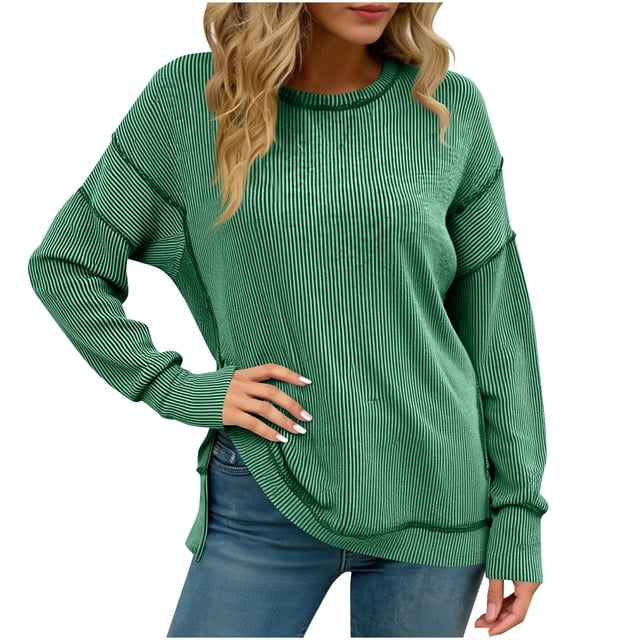 FAIWAD Chandails en Molleton pour Femmes Col Rond Manches Longues Colorblock Fente Latérale Chandail Tops Tenues Décontractées Surdimensionnées