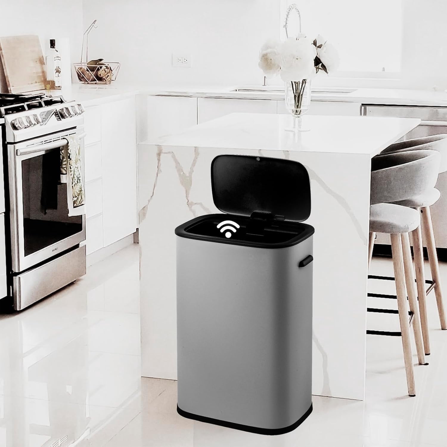 Motion Sensor Trash Can, 14.5 Gal / 55 L Automatic Garbage Can with Soft-Close Lid and Handle, Touchless Rectangle Waste Basket for Kitchen, Bathroom, Bedroom