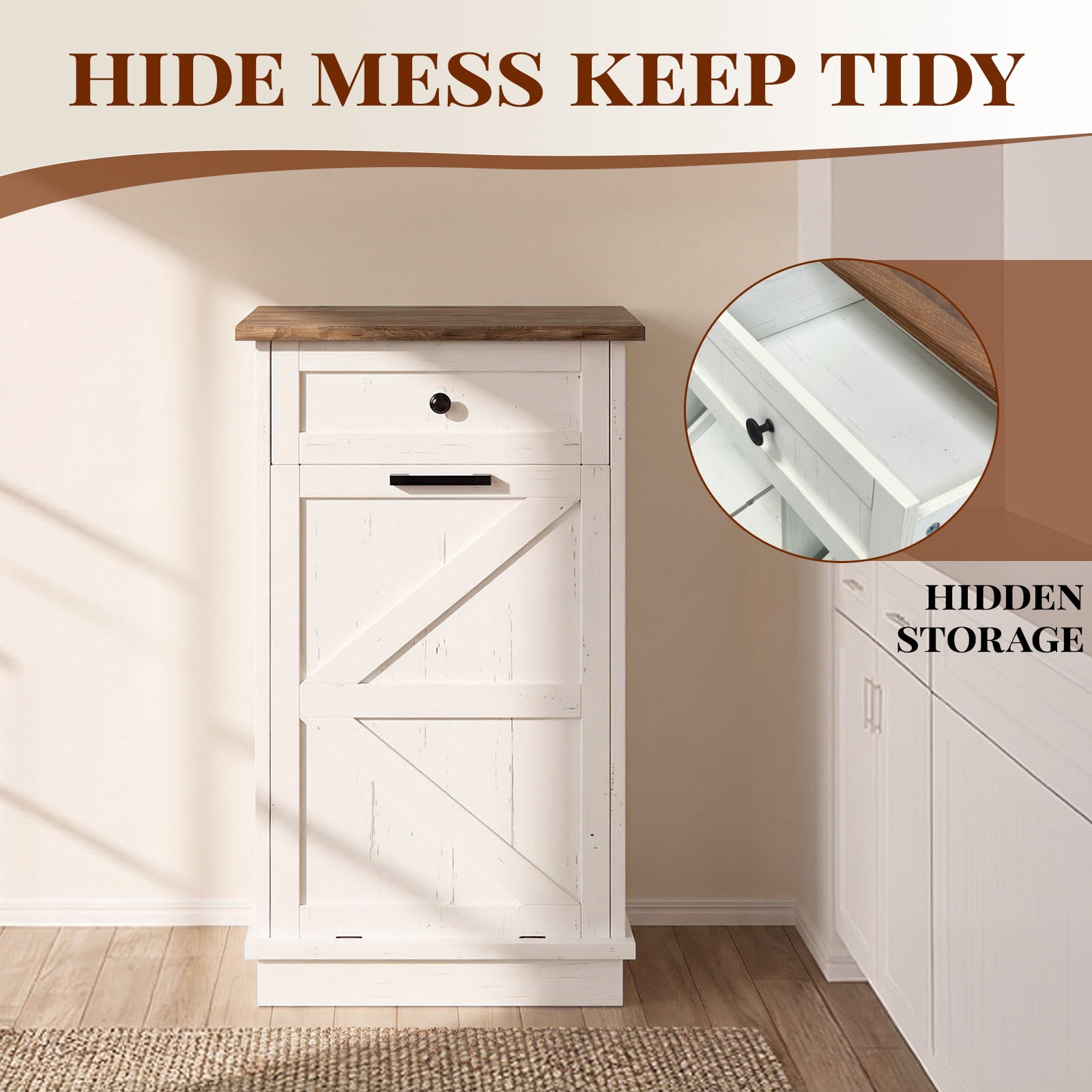 GARITIN Tilt Out Trash Can Cabinet, 10-Gallon Farmhouse Hidden Garbage Cabinet with Drawer, Dog Proof Wooden Trash Storage for Kitchen Laundry Living Room, Brown+White