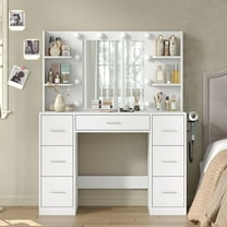 Makeup Vanity Desk with Lights and Mirror ,Dressing Table with 7 Drawers, Power Outlets, 3 Light Modes for Bedroom, White