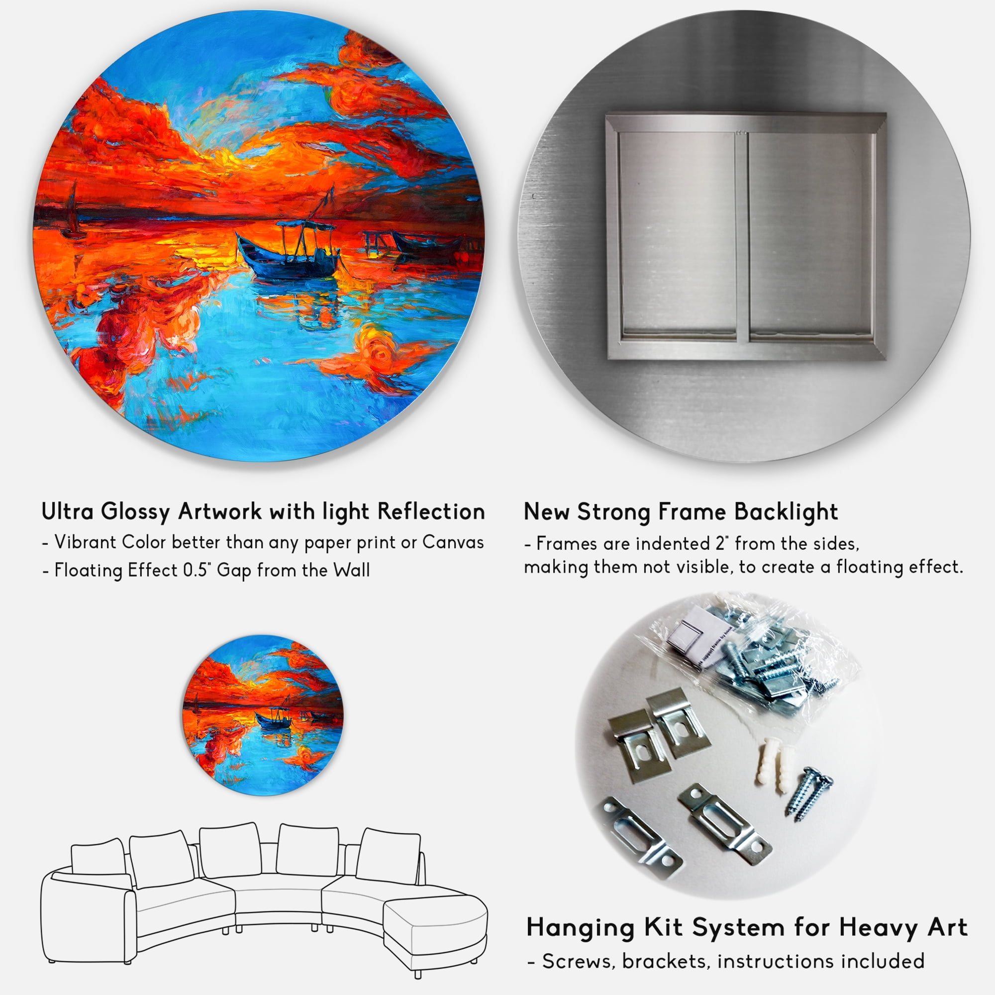 Designart 'Boats During Warm Sunset Resting On The Water VI' Nautical & Coastal Circle Metal Wall Art 11x11 - Disc of 11